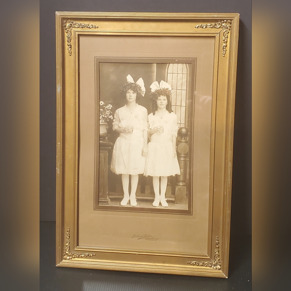 Antique 1920 Sisters Portrait Photograph Framed Kirkness Studio Baltimore MD 18"